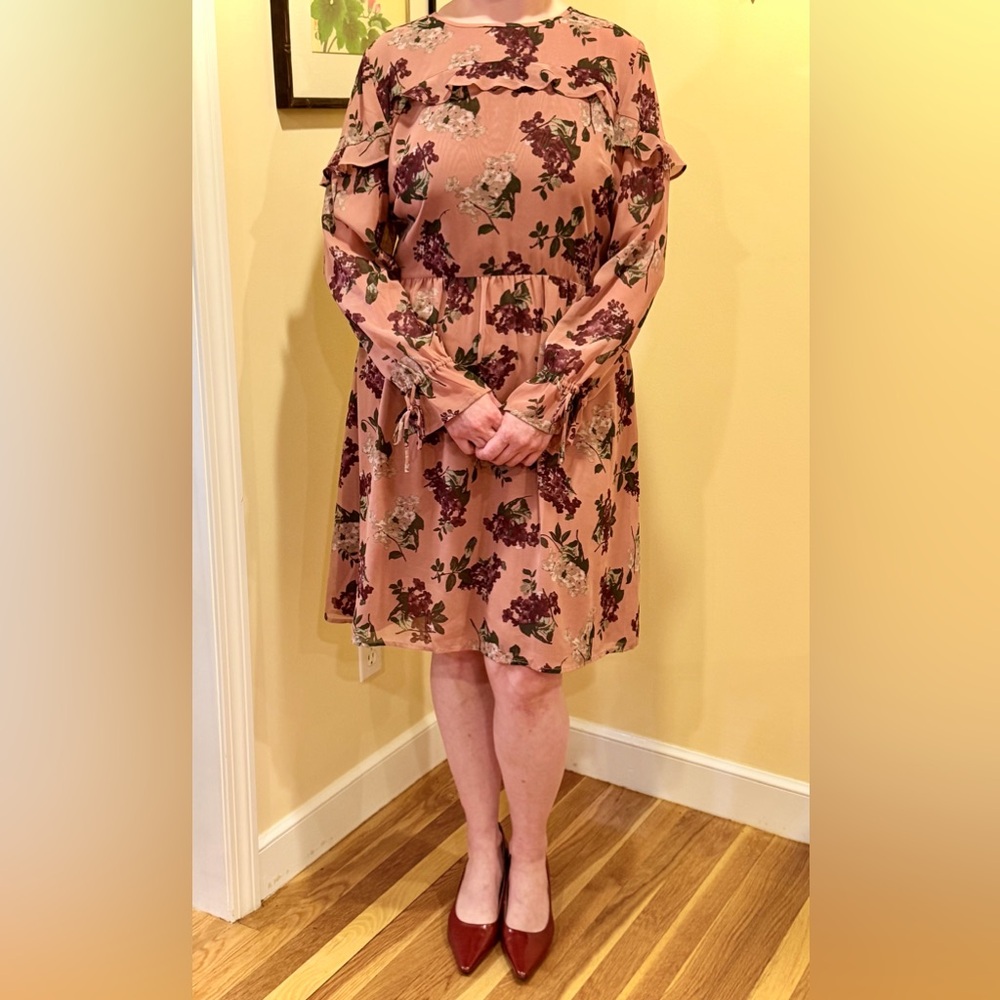 LOFT Pretty Floral Chiffon Long Sleeves Dress, Fully Lined Size 14